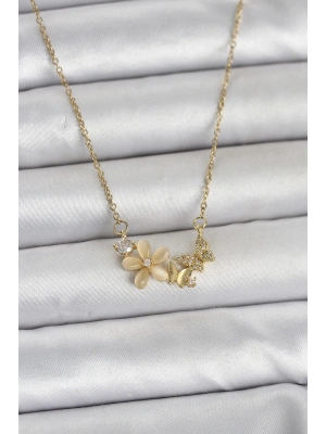 316L Çelik Zincir Gold Renk Çiçek ve Kelebek Model Kadın Kolye