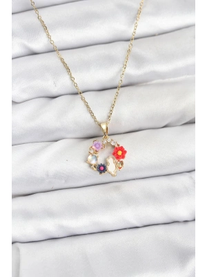 316L Çelik Zincir Gold Renk Çiçekli Kedili Model Kadın Kolye