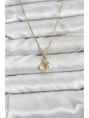 316L Çelik Zincir Gold Renk Deniz Kabuğu ve Deniz Yıldızı Model Zirkon Taşlı Kadın Kolye