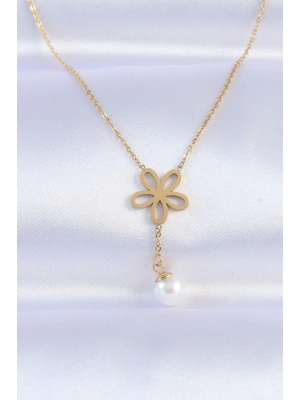 316L Çelik Zincir Gold Renk İnci Detay Çiçek Kolye