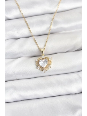 316L Çelik Zincir Gold Renk Kalp Model Zirkon Taşlı Kadın Kolye