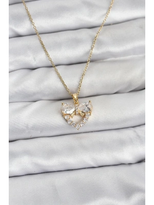 316L Çelik Zincir Gold Renk Kalp ve Fiyonk Model Zirkon Taşlı Kadın Kolye