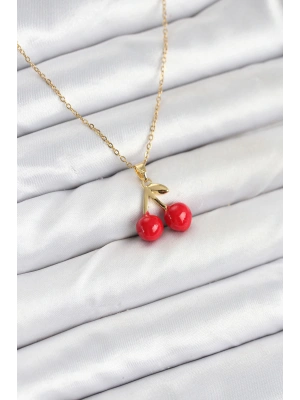 316L Çelik Zincir Gold Renk Kiraz Model Kadın Kolye