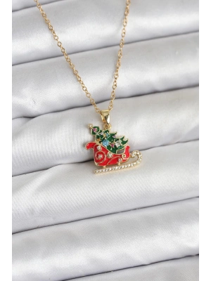 316L Çelik Zincir Gold Renk Kızak ve Çam Ağacı Figürlü Yılbaşı Temalı Kadın Kolye