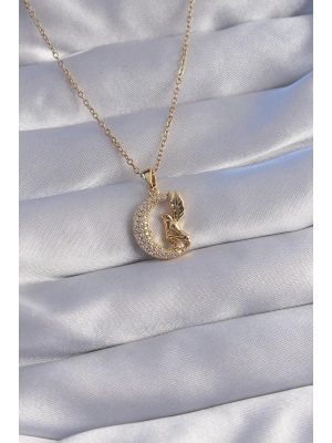 316L Çelik Zincir Gold Renk Kuş Figürlü Zirkon Taşlı Ay Tasarımlı Kolye