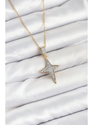 316L Çelik Zincir Gold Renk Kutup Yıldızı Model Zirkon Taşlı Kadın Kolye