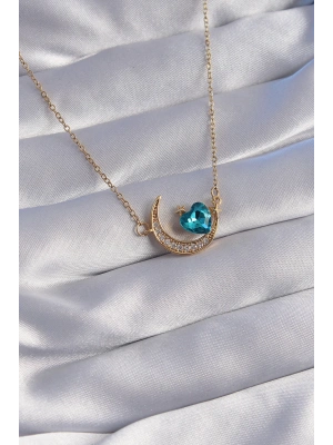 316L Çelik Zincir Gold Renk Mavi Zirkon Taşlı Ay Tasarımlı Kolye