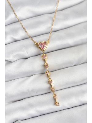 316L Çelik Zincir Gold Renk Pembe Kalp Kadın Kolye