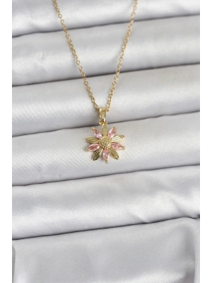 316L Çelik Zincir Gold Renk Pembe Papatya Model Kadın Kolye