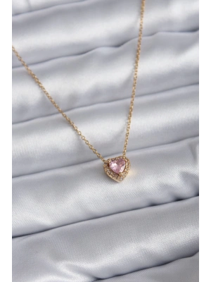 316L Çelik Zincir Gold Renk Pembe Zirkon Taşlı Charm Kadın Kolye
