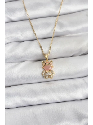 316L Çelik Zincir Gold Renk Teddy Bear Model Zirkon Taşlı Kadın Kolye