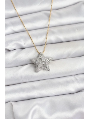 316L Çelik Zincir Gold Renk Zincirli Gümüş Yıldız Model Kadın Kolye