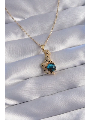 316L Çelik Zincir Gold Renk Zirkon Taşlı Panter Figürlü Gezegen Kolye