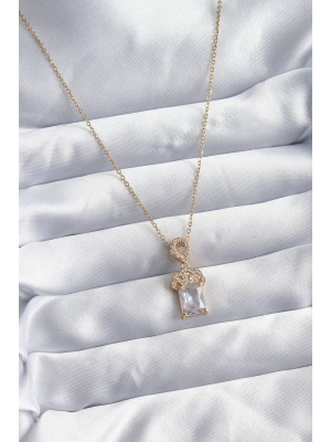 316L Çelik Zincir Gold Renk Zirkon Taşlı Taç Model Kadın Kolye