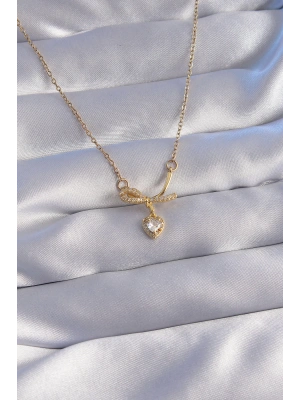 316L Çelik Zincir Gold Renk Zirkon Taşlı Yarım Fiyonk Kalp Kolye