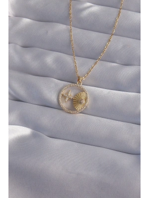 316L Çelik Zincir Gold Renk Zirkon Taşlı Yıldız Figürlü Oval Kolye