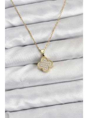316L Çelik Zincir Gold Renk Zirkon Taşlı Yonca Model Kadın Kolye