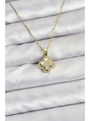 316L Çelik Zincir Gold Renk Zirkon Taşlı Yonca Model Kadın Kolye