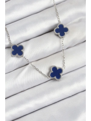 316L Çelik Zincir Gümüş Lacivert Renk Yonca Kadın Kolye