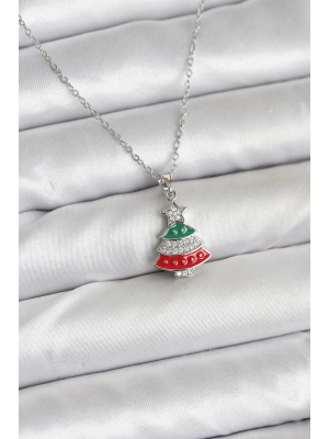 316L Çelik Zincir Gümüş Ren Çam Ağacı Model Zirkon Taşlı Yılbaşı Temalı Kadın Kolye