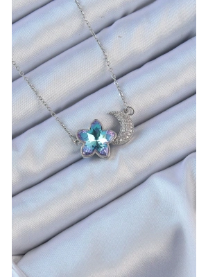 316L Çelik Zincir Gümüş Renk Ay Tasarımlı Renkli Zirkon Taşlı Çiçek Kolye