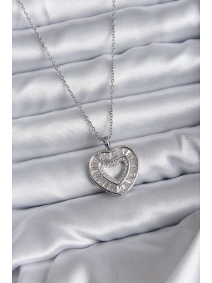 316L Çelik Zincir Gümüş Renk Baget Zirkon Taşlı Kadın Kolye