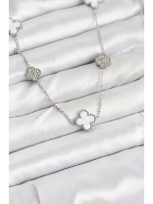 316L Çelik Zincir Gümüş Renk Beyaz ve Zirkon Taşlı Yonca Kadın Kolye