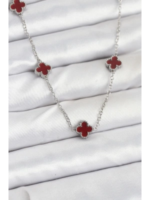 316L Çelik Zincir Gümüş Renk Bordo Baby Boy Yonca Kadın Kolye