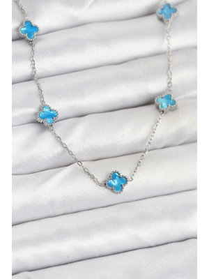 316L Çelik Zincir Gümüş Renk Buz Mavisi Baby Boy Yonca Kadın Kolye