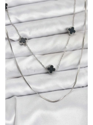 316L Çelik Zincir Gümüş Renk İtalyan Zincirli Siyah Yonca Model Kadın Kolye