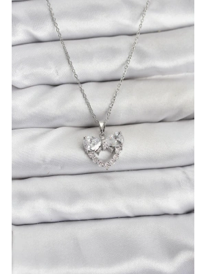 316L Çelik Zincir Gümüş Renk Kalp ve Fiyonk Model Zirkon Taşlı Kadın Kolye