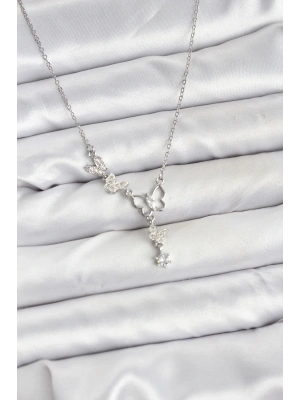 316L Çelik Zincir Gümüş Renk Kelebek Model Kadın Kolye