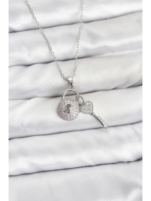 316L Çelik Zincir Gümüş Renk Kilit Anahtar Model Zirkon Taşlı Kadın Kolye