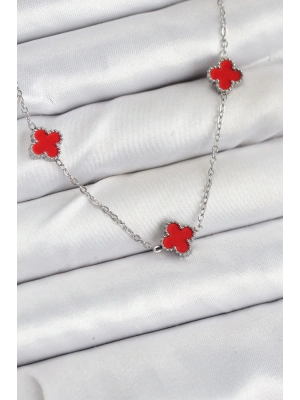316L Çelik Zincir Gümüş Renk Kırmızı Baby Boy Yonca Kadın Kolye