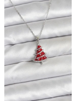 316L Çelik Zincir Gümüş Renk Kırmızı Çam Ağacı Model Yılbaşı Temalı Kadın Kolye