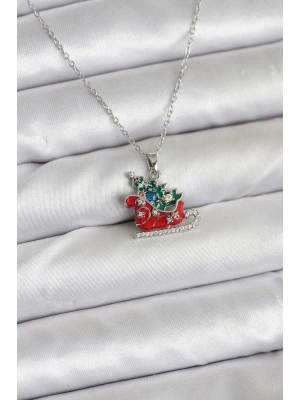 316L Çelik Zincir Gümüş Renk Kızak ve Çam Ağacı Figürlü Yılbaşı Temalı Kadın Kolye
