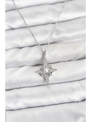 316L Çelik Zincir Gümüş Renk Kutup Yıldızı Model Zirkon Taşlı Kadın Kolye