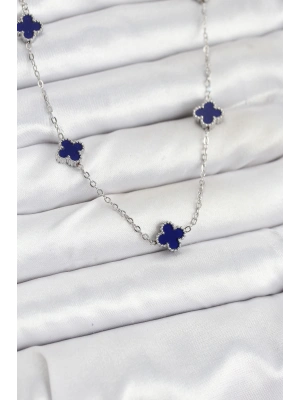 316L Çelik Zincir Gümüş Renk Lacivert Baby Boy Yonca Kadın Kolye