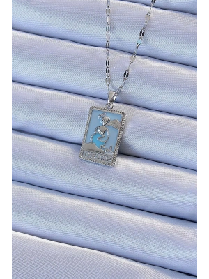 316L Çelik Zincir Gümüş Renk Mavi Mineli Tarot Kolye