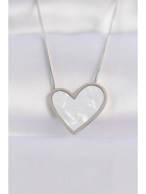 316L Çelik Zincir Gümüş Renk Mermer Desenli Kalp Kolye