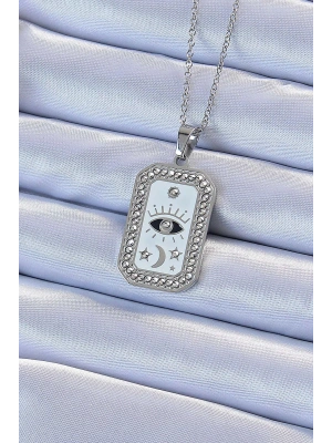316L Çelik Zincir Gümüş Renk Mineli Zirkon Taşlı Göz Figür Tarot Kolye