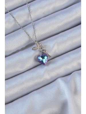 316L Çelik Zincir Gümüş Renk Mor Mavi Renk Zirkon Taşlı Kalp Detay Peri Kolye