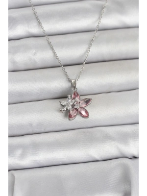 316L Çelik Zincir Gümüş Renk Pembe Lotus Model Kadın Kolye