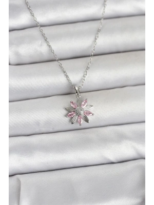 316L Çelik Zincir Gümüş Renk Pembe Papatya Model Kadın Kolye