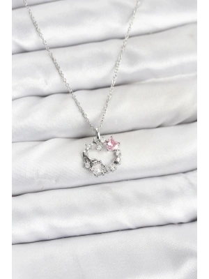 316L Çelik Zincir Gümüş Renk Pembe Taş Detaylı Çelenk Model Kadın Kolye