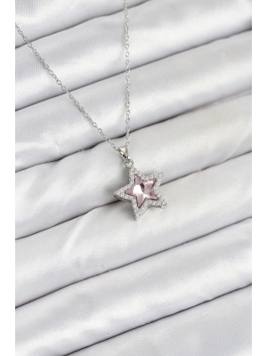316L Çelik Zincir Gümüş Renk Pembe Taşlı Yıldız Model Kadın Kolye