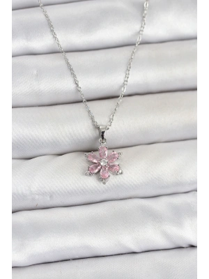 316L Çelik Zincir Gümüş Renk Pembe Zirkon Taşlı Lotus Model Kadın Kolye
