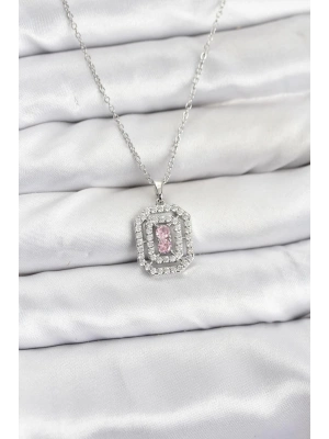 316L Çelik Zincir Gümüş Renk Plaka Model Zirkon Taşlı Kadın Kolye