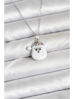 316L Çelik Zincir Gümüş Renk Şapkalı Kardan Adam Kafası Model Yılbaşı Temalı Kadın Kolye