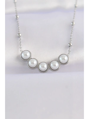 316L Çelik Zincir Gümüş Renk Sıralı İnci Taşlı Kolye